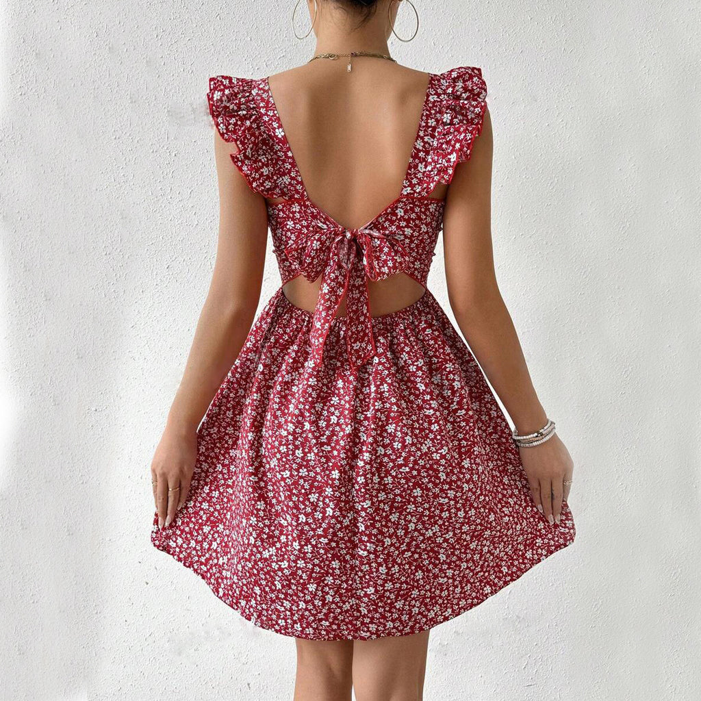 Summer Square-neck Ruffled Sleeveless Dress With Bow-tie Backless Design Fashion Casual Holiday Beach Dresses For Womens Clothing - ANIBEY