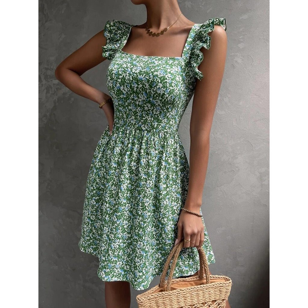Summer Square-neck Ruffled Sleeveless Dress With Bow-tie Backless Design Fashion Casual Holiday Beach Dresses For Womens Clothing - ANIBEY