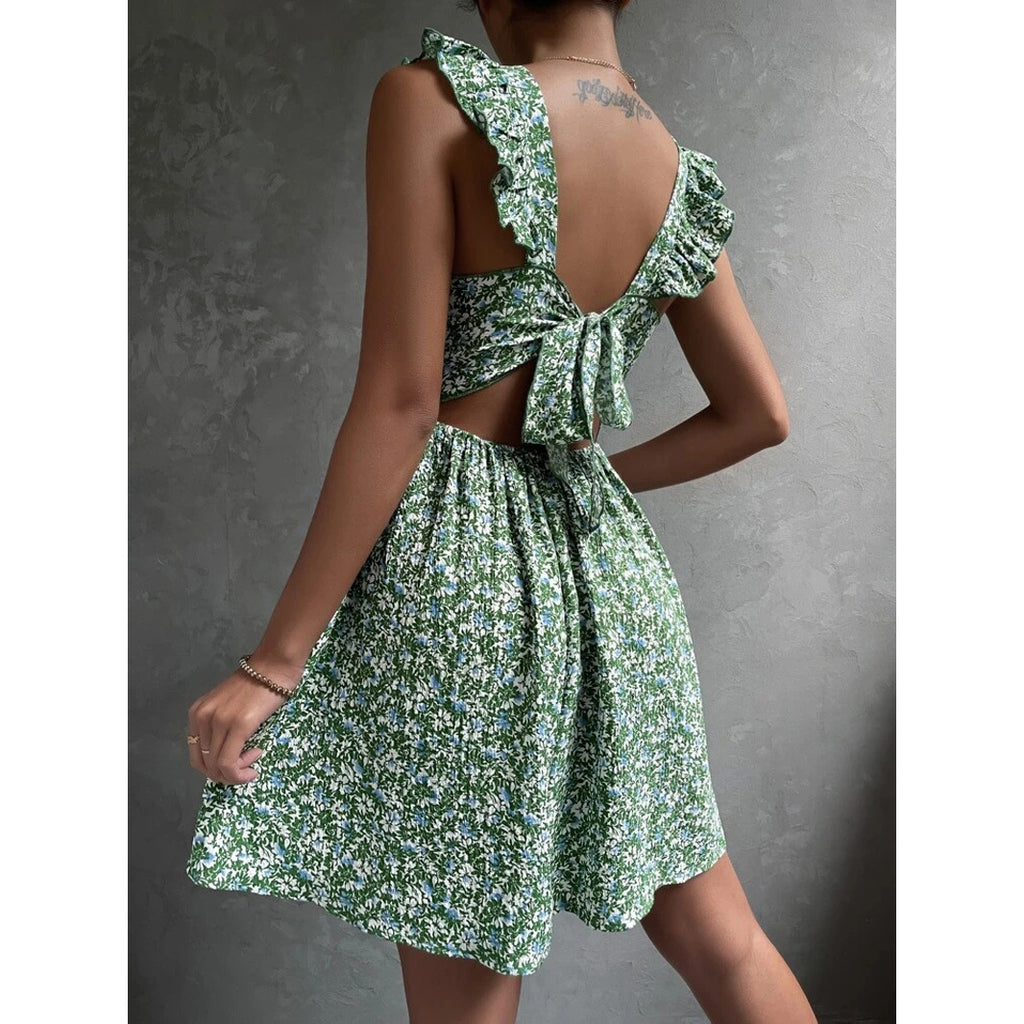 Summer Square-neck Ruffled Sleeveless Dress With Bow-tie Backless Design Fashion Casual Holiday Beach Dresses For Womens Clothing - ANIBEY