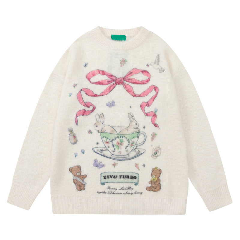 Women's Cute Round Neck Bow Print Sweater - ANIBEY