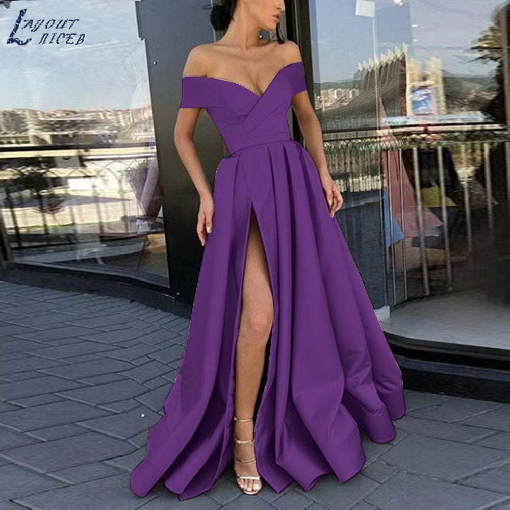 Women's Off-Shoulder Satin Thigh Slit Solid Color Long Dress - ANIBEY
