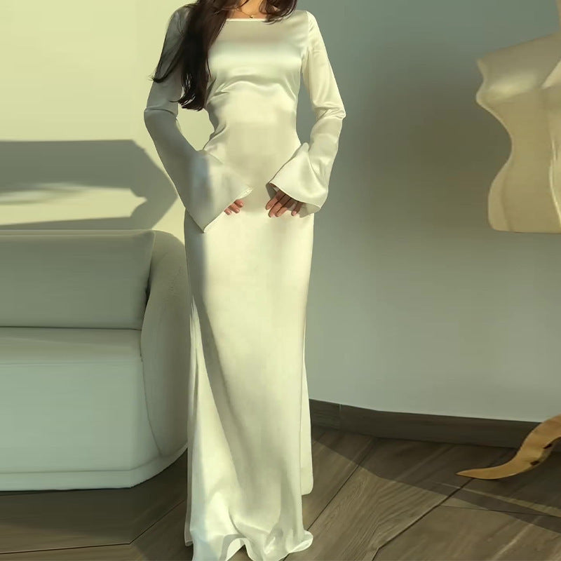 Women's Round Neck Long Sleeved Waist Cinching Dress - ANIBEY