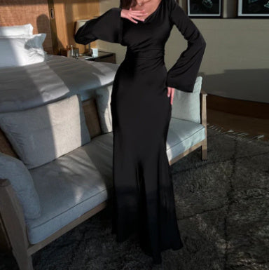 Women's Round Neck Long Sleeved Waist Cinching Dress - ANIBEY