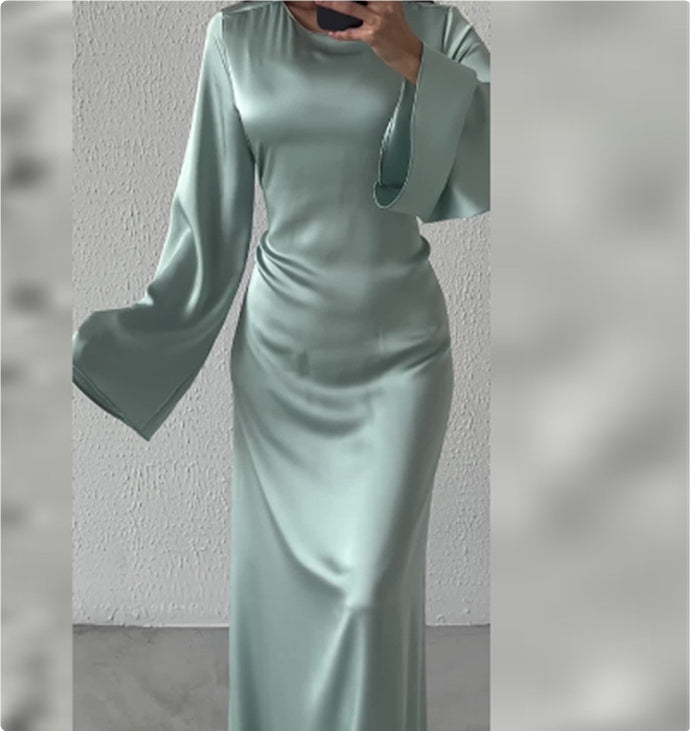 Women's Round Neck Long Sleeved Waist Cinching Dress - ANIBEY