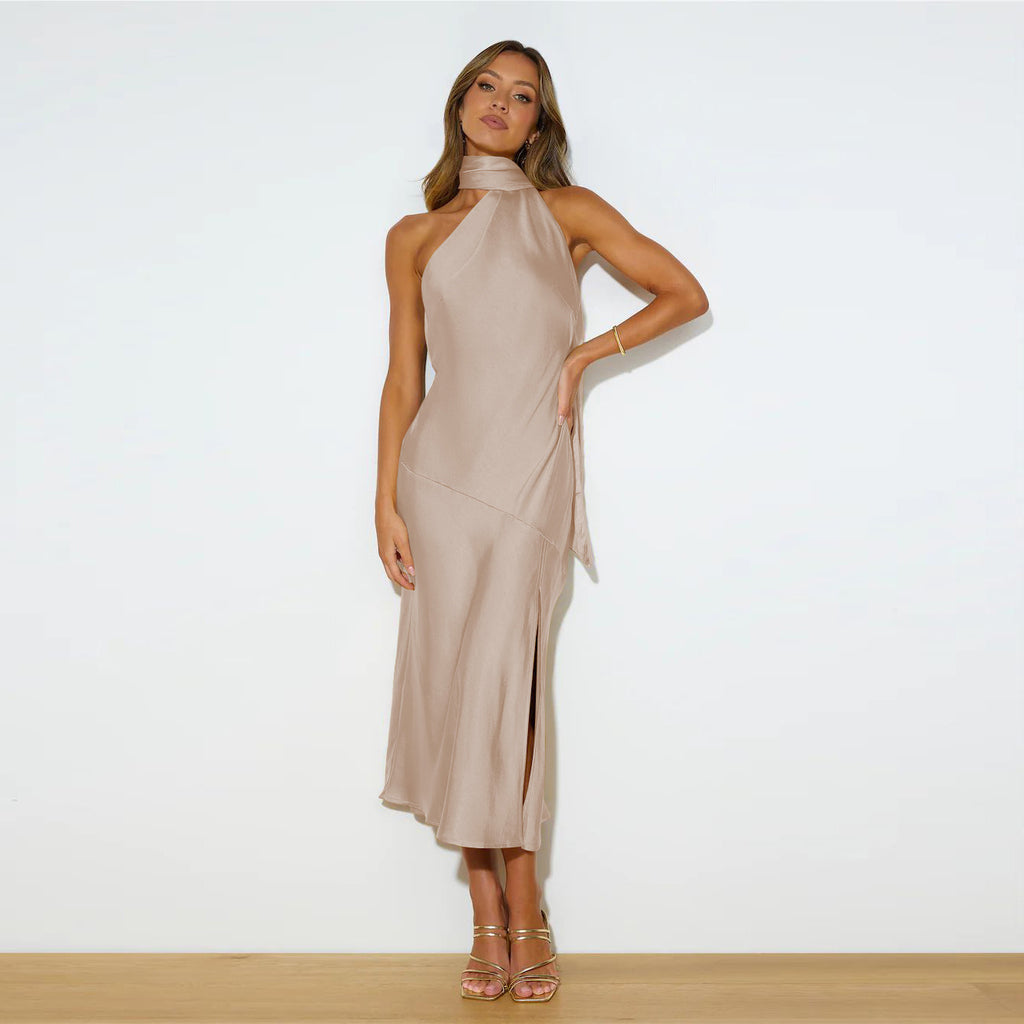 Women's Satin Draping Split Hollow Thin Elegant Dress - ANIBEY