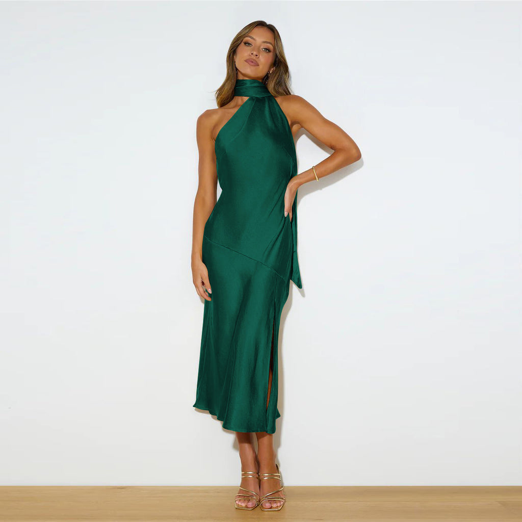 Women's Satin Draping Split Hollow Thin Elegant Dress - ANIBEY