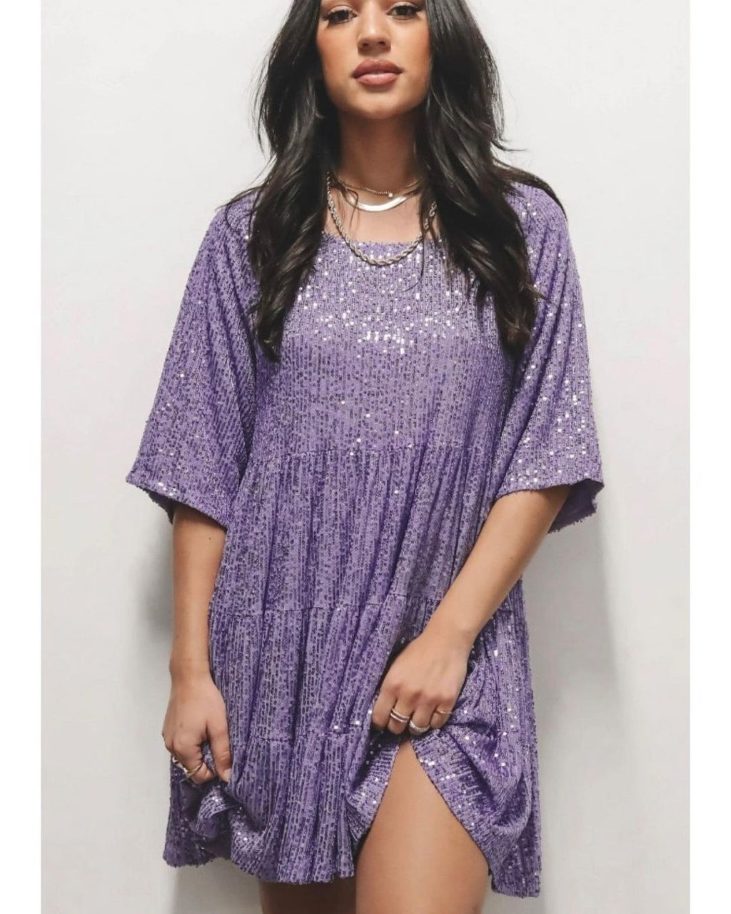 Women's Fashionable Sequins Round Neck Loose Waist Short Sleeve Dress - ANIBEY