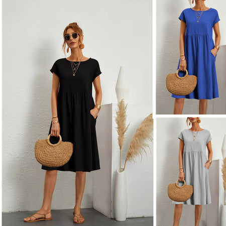 OL Temperament Women's Cotton Round Neck A-line Skirt Dress - ANIBEY
