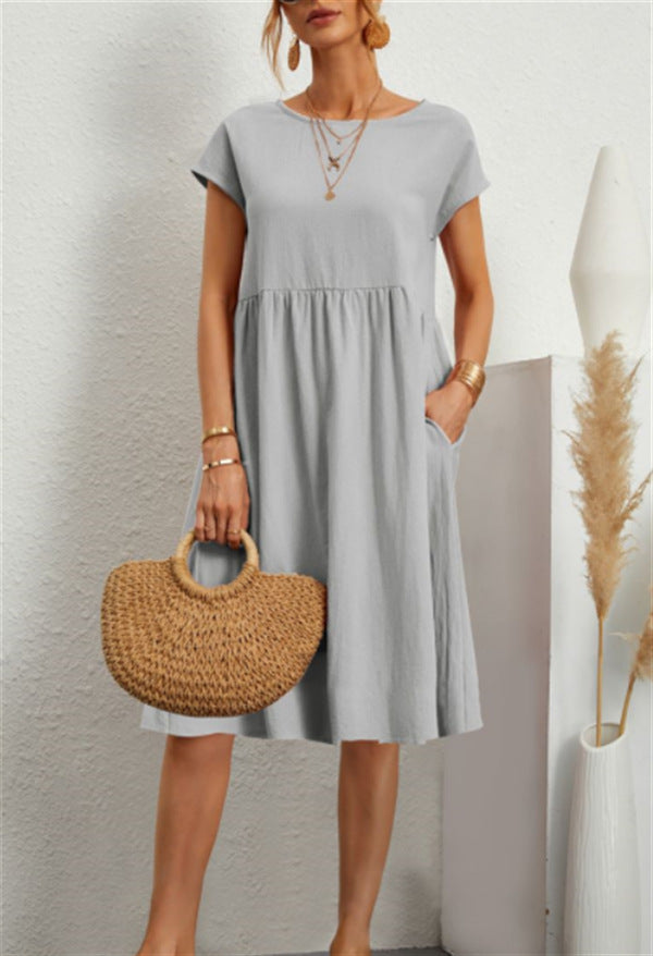 OL Temperament Women's Cotton Round Neck A-line Skirt Dress - ANIBEY