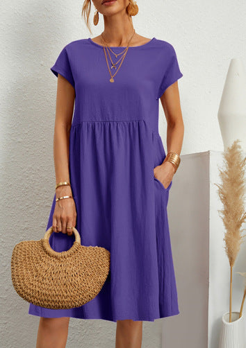 OL Temperament Women's Cotton Round Neck A-line Skirt Dress - ANIBEY