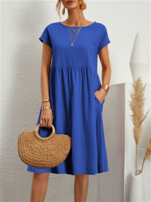 OL Temperament Women's Cotton Round Neck A-line Skirt Dress - ANIBEY