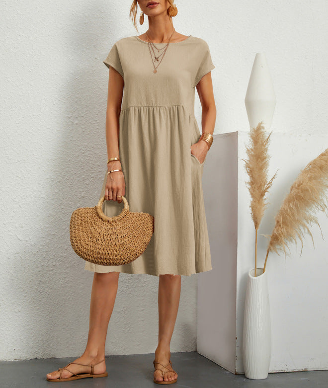 OL Temperament Women's Cotton Round Neck A-line Skirt Dress - ANIBEY