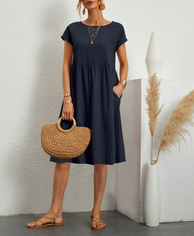 OL Temperament Women's Cotton Round Neck A-line Skirt Dress - ANIBEY