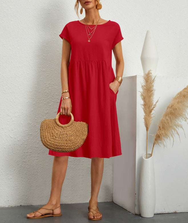 OL Temperament Women's Cotton Round Neck A-line Skirt Dress - ANIBEY