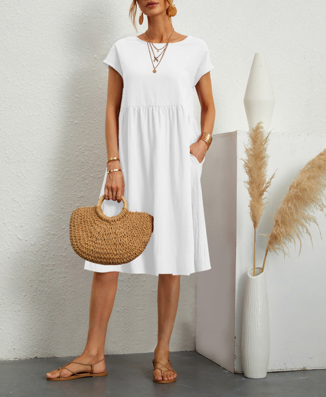 OL Temperament Women's Cotton Round Neck A-line Skirt Dress - ANIBEY