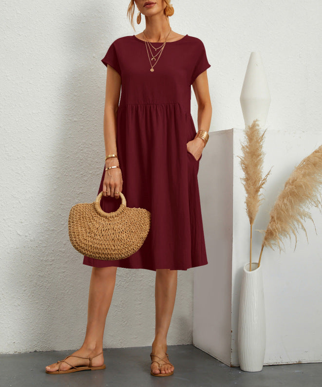 OL Temperament Women's Cotton Round Neck A-line Skirt Dress - ANIBEY