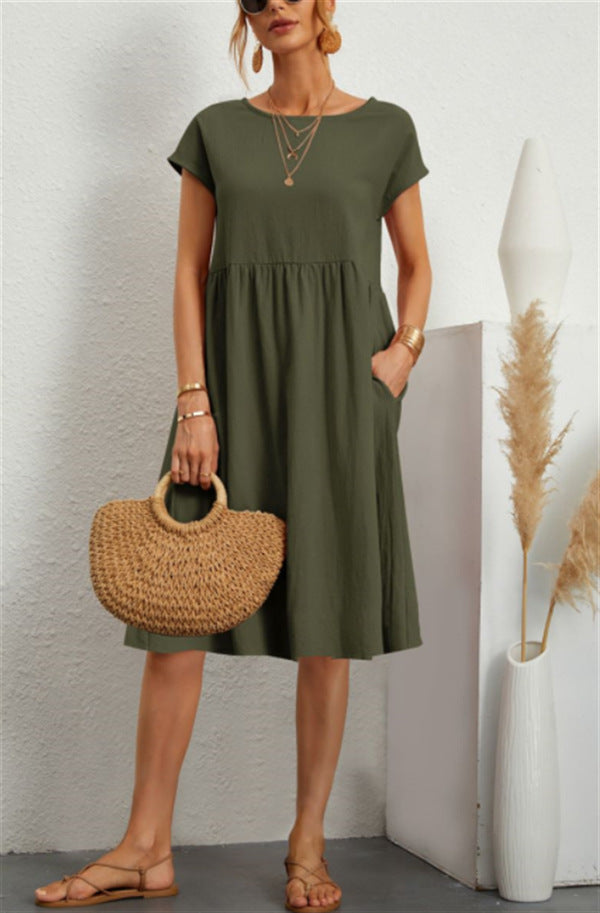 OL Temperament Women's Cotton Round Neck A-line Skirt Dress - ANIBEY