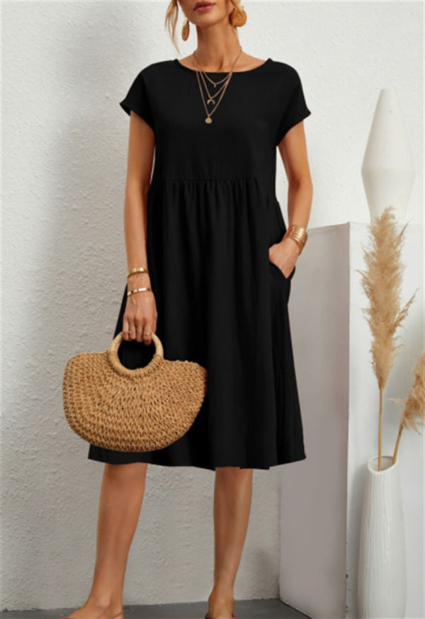 OL Temperament Women's Cotton Round Neck A-line Skirt Dress - ANIBEY