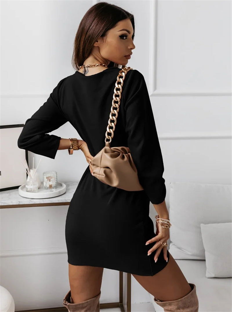 Temperament Casual Solid Color V-neck Long-sleeved Dress - ANIBEY
