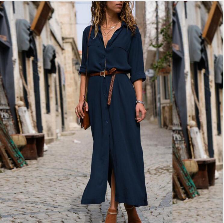 Women's Long Sleeve Skirt Button V-neck Long Dress With Belt Design - ANIBEY