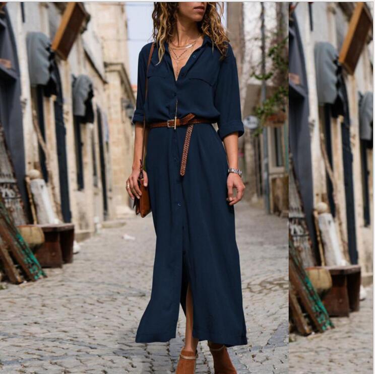 Women's Long Sleeve Skirt Button V-neck Long Dress With Belt Design - ANIBEY