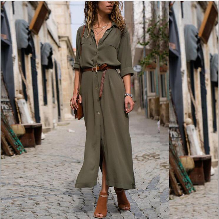 Women's Long Sleeve Skirt Button V-neck Long Dress With Belt Design - ANIBEY