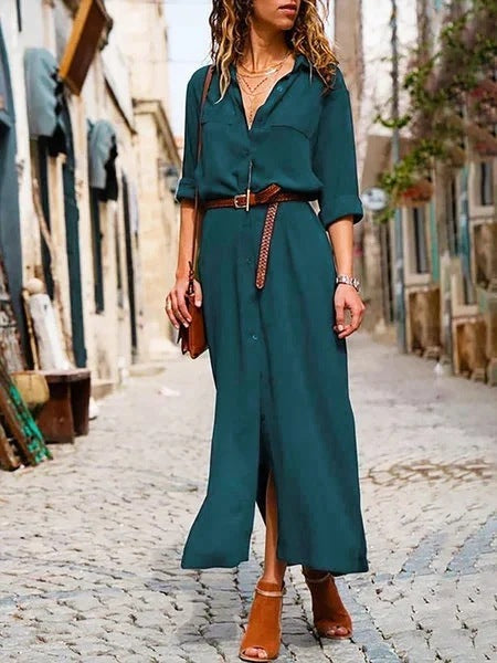 Women's Long Sleeve Skirt Button V-neck Long Dress With Belt Design - ANIBEY
