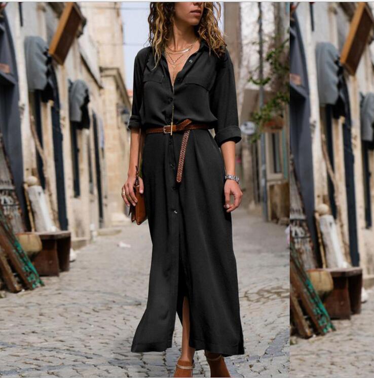 Women's Long Sleeve Skirt Button V-neck Long Dress With Belt Design - ANIBEY