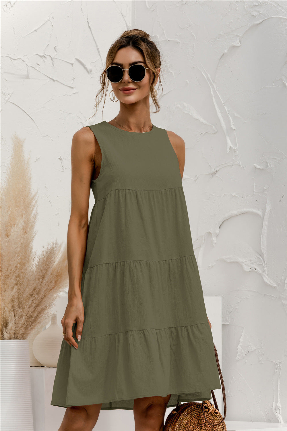 Women's Round Neck Sleeveless Stitching Loose Big Swing Vest Dress - ANIBEY