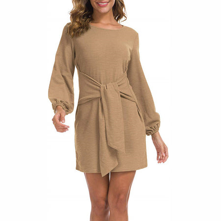 Women's Waist Long-sleeved Lace-up Solid Color Dress - ANIBEY