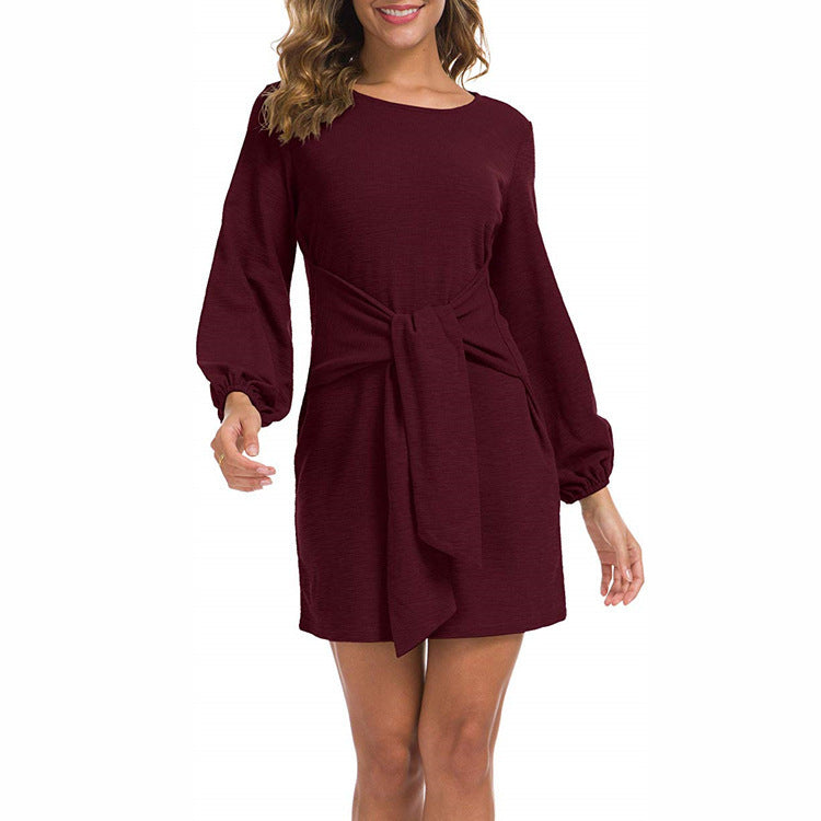 Women's Waist Long-sleeved Lace-up Solid Color Dress - ANIBEY