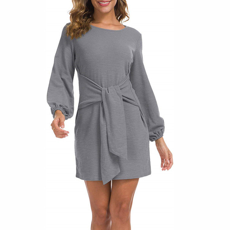 Women's Waist Long-sleeved Lace-up Solid Color Dress - ANIBEY