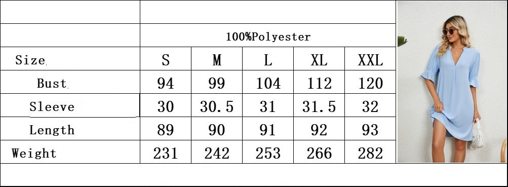 European American Summer New Solid Color And V-neck Loose Pleated Half-length Sleeve Dress - ANIBEY