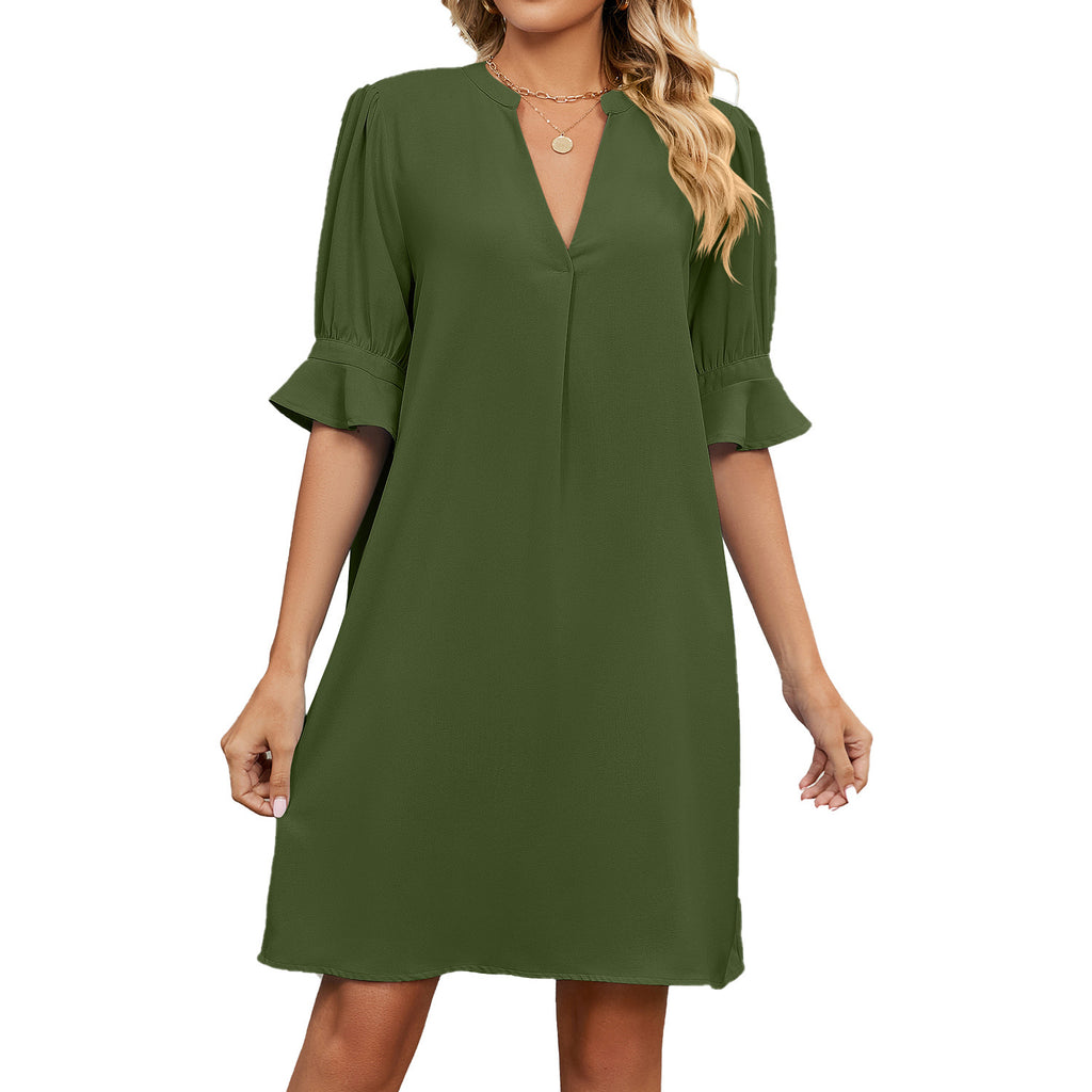 European American Summer New Solid Color And V-neck Loose Pleated Half-length Sleeve Dress - ANIBEY