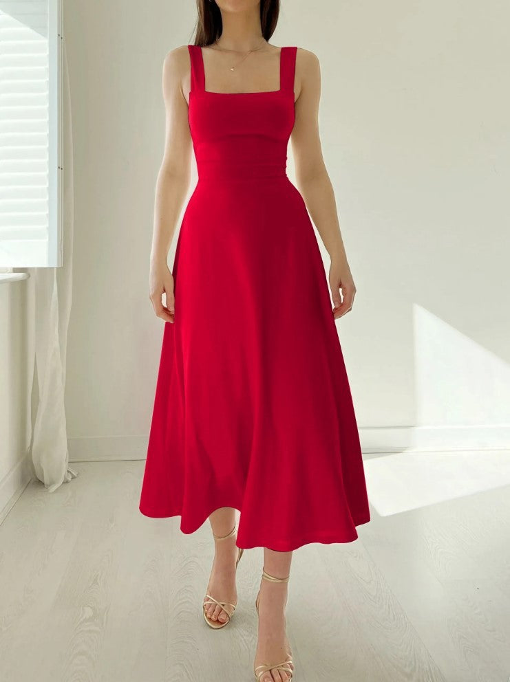 Thick Shoulder Strap Slim Fit Waist Mid-length Dress - ANIBEY