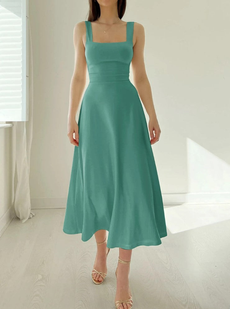 Thick Shoulder Strap Slim Fit Waist Mid-length Dress - ANIBEY