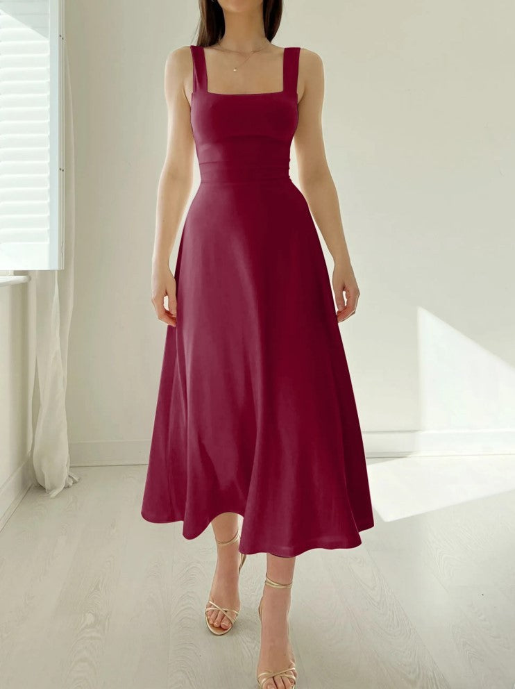 Thick Shoulder Strap Slim Fit Waist Mid-length Dress - ANIBEY