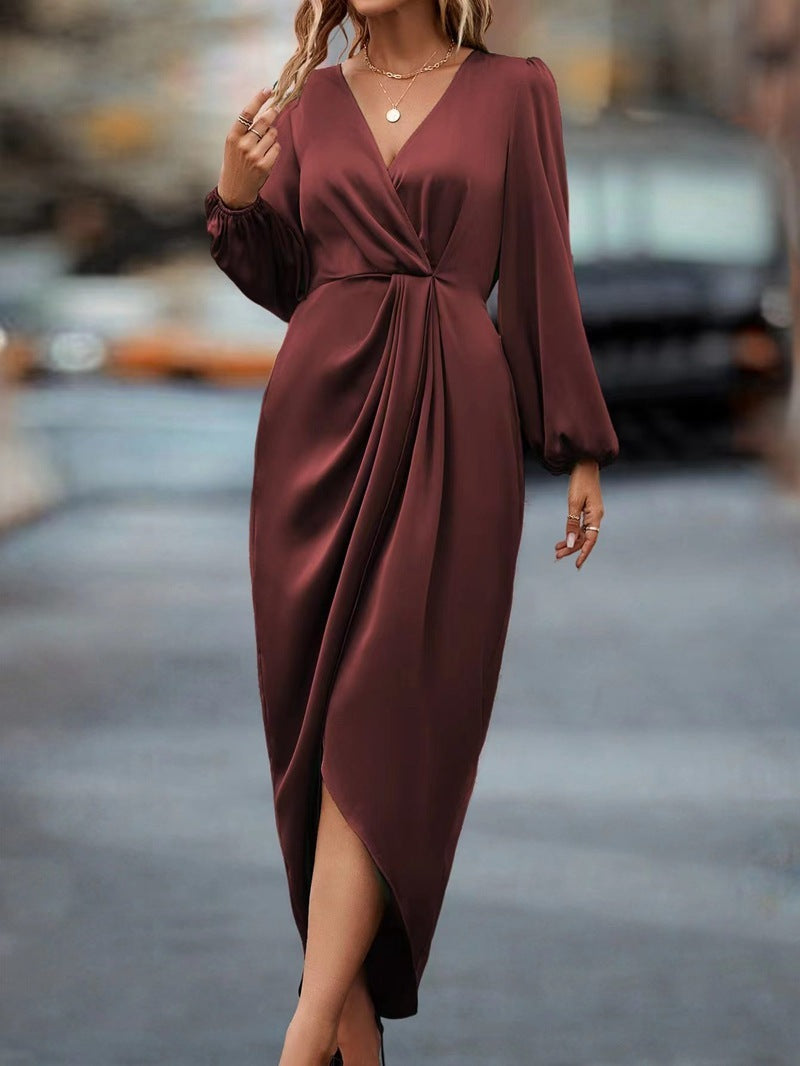 Temperament Pure Color Waist-tight Split V-neck Dress Women - ANIBEY