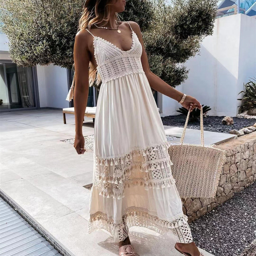 Women's Casual Lace Panel Sleeveless Long Dress - ANIBEY