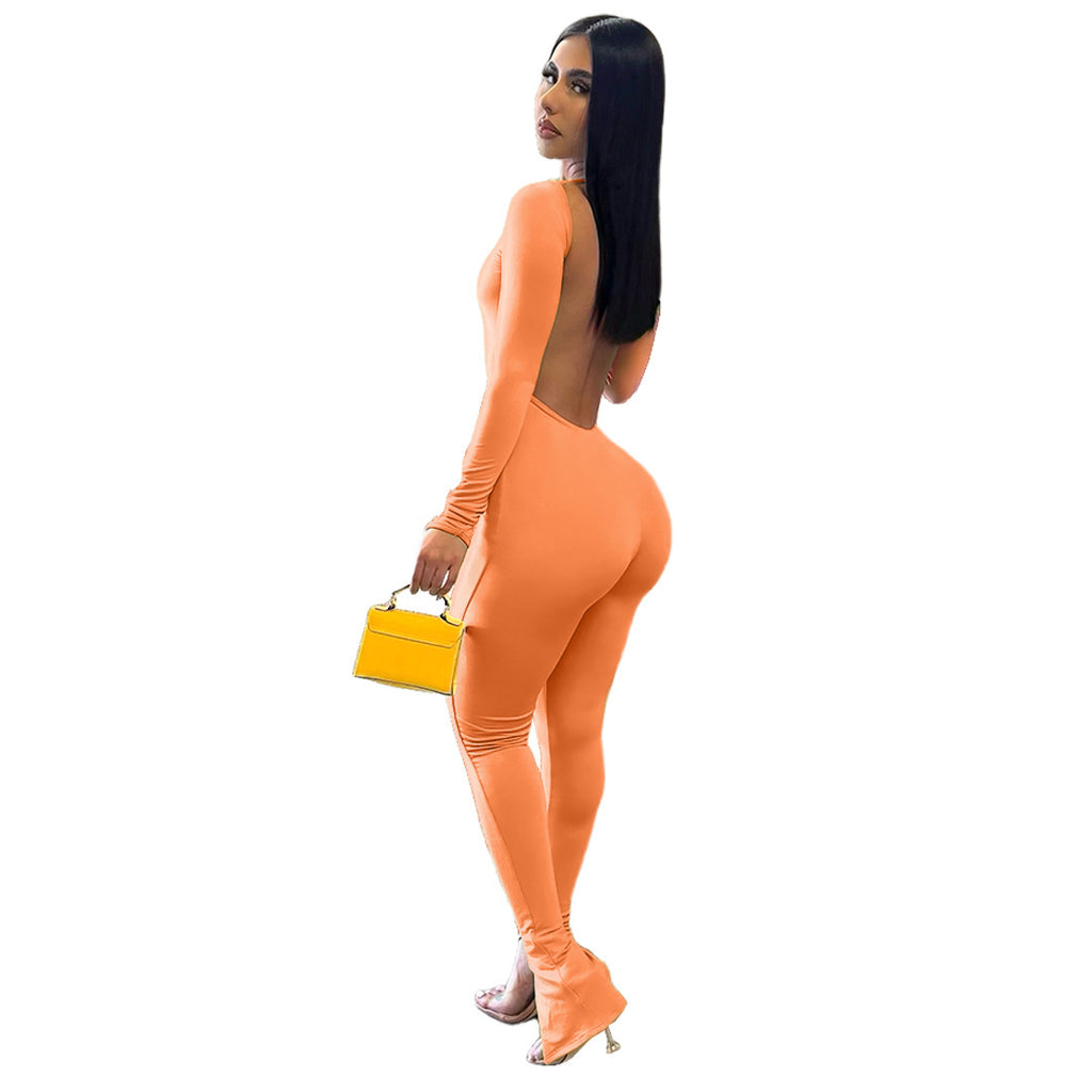 Women's Solid Color Split Small Flare Jumpsuit - ANIBEY