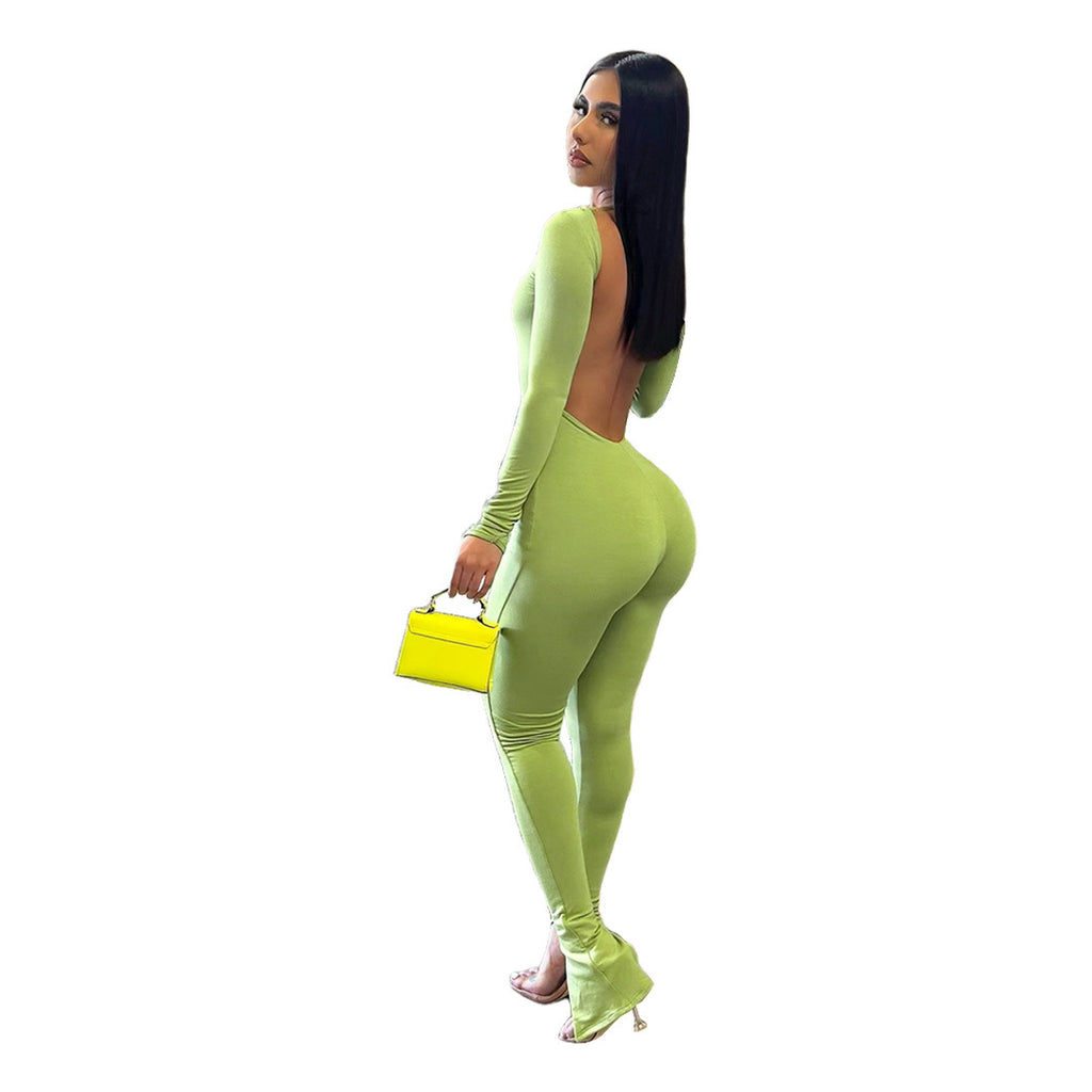 Women's Solid Color Split Small Flare Jumpsuit - ANIBEY