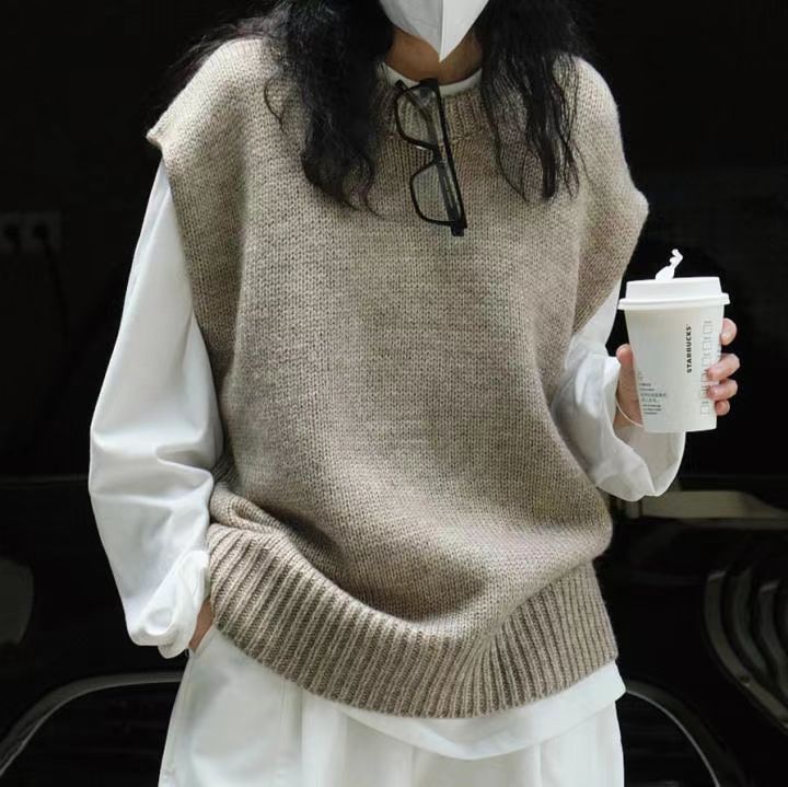 Loose Round Neck Knitted Vest Coat Sleeveless Gray Waistcoat Bandage Dress Top - ANIBEY