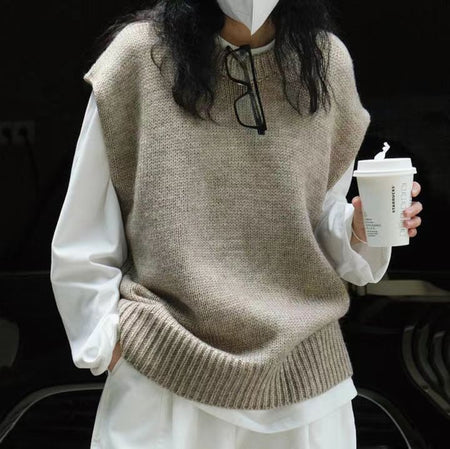 Loose Round Neck Knitted Vest Coat Sleeveless Gray Waistcoat Bandage Dress Top - ANIBEY