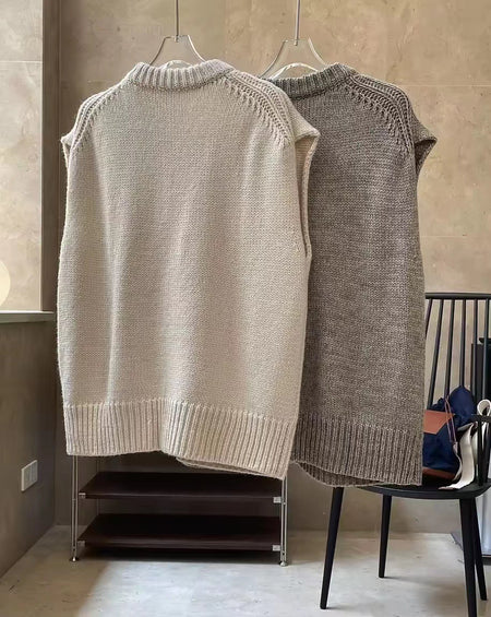 Loose Round Neck Knitted Vest Coat Sleeveless Gray Waistcoat Bandage Dress Top - ANIBEY