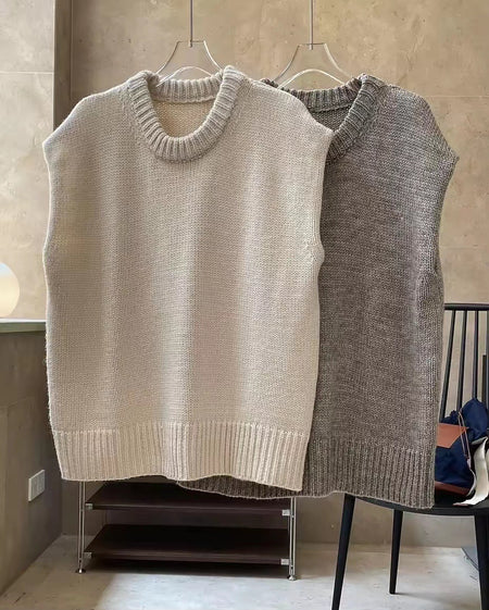 Loose Round Neck Knitted Vest Coat Sleeveless Gray Waistcoat Bandage Dress Top - ANIBEY