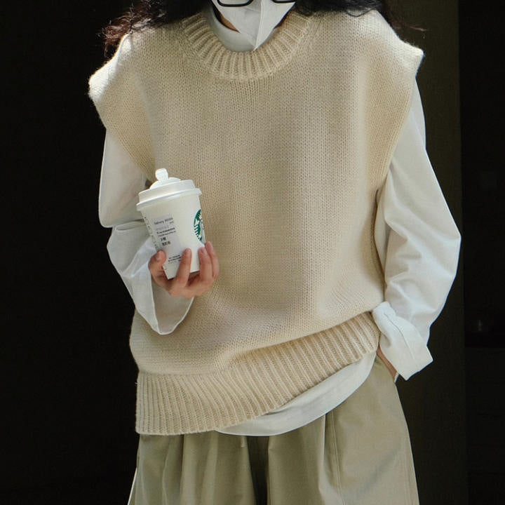 Loose Round Neck Knitted Vest Coat Sleeveless Gray Waistcoat Bandage Dress Top - ANIBEY