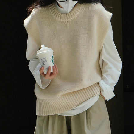 Loose Round Neck Knitted Vest Coat Sleeveless Gray Waistcoat Bandage Dress Top - ANIBEY