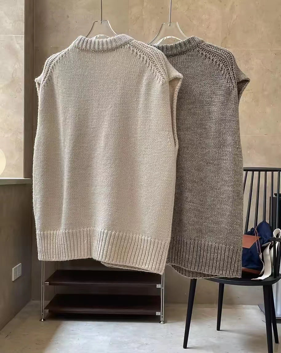 Loose Round Neck Knitted Vest Coat Sleeveless Gray Waistcoat Bandage Dress Top - ANIBEY