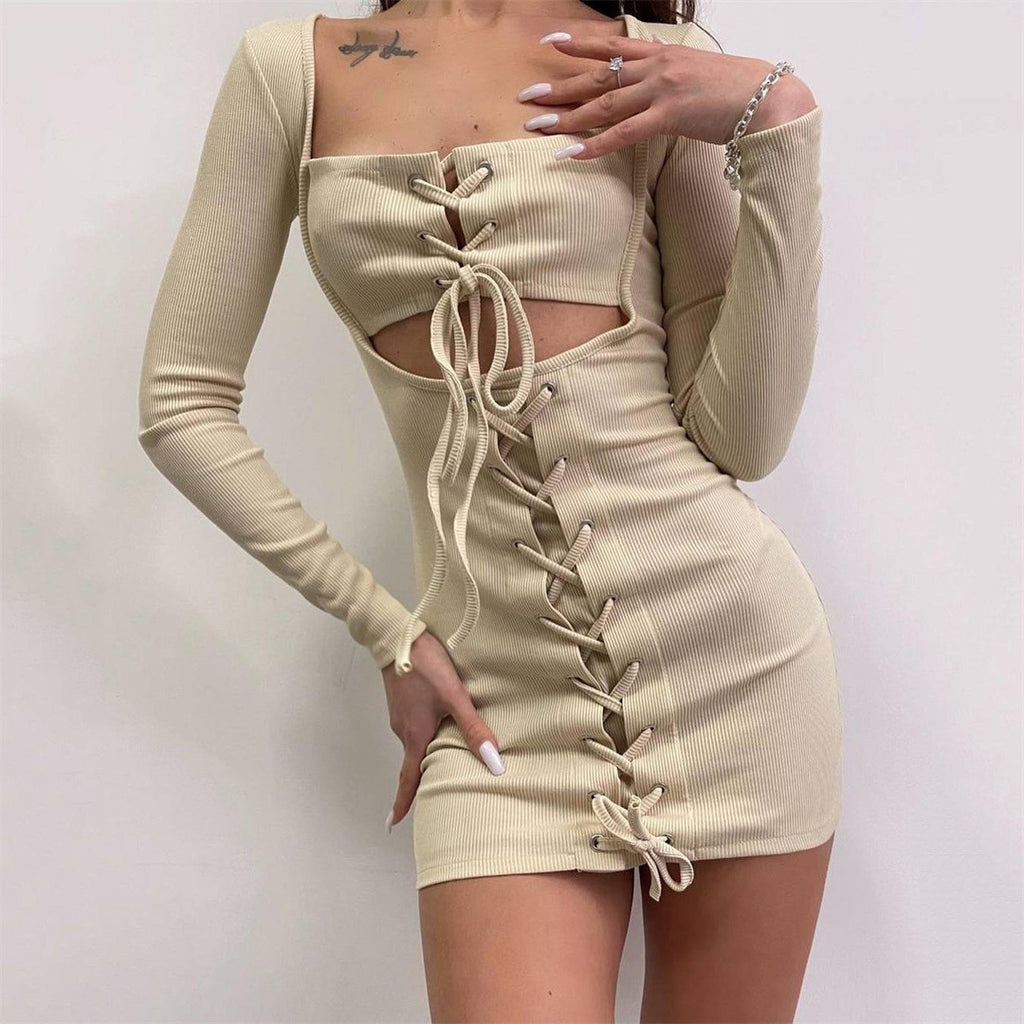 Square Neck Cut Out Tie Long Sleeves Mini Dress - ANIBEY