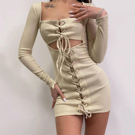 Square Neck Cut Out Tie Long Sleeves Mini Dress - ANIBEY